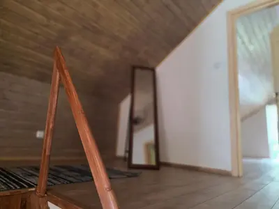 a wooden ladder in a room with a mirror at Friend's homestead