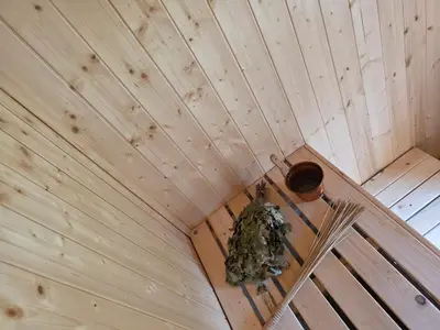 an overhead view of a wooden ceiling in a room at Friend's homestead