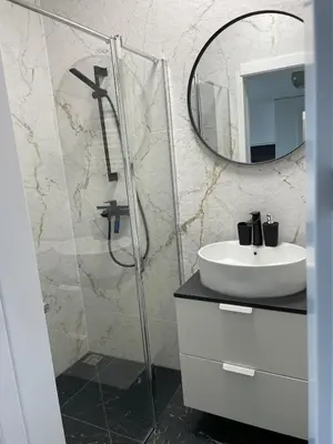 a bathroom with a shower and a sink and a mirror at Suite in the heart of the city in Panevėžys