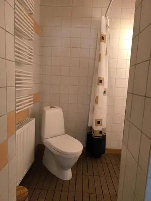 a bathroom with a white toilet in a room at Apartamentai1 in Utena