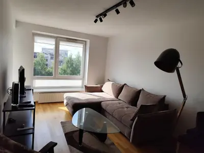 a living room with a couch and a window at Jaukūs apartamentai in Vilnius