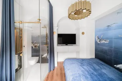 a bedroom with a bed and a tv and a mirror at Blue Old Town apartment in Vilnius