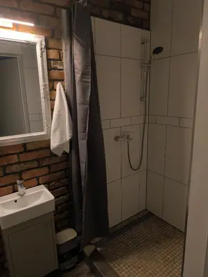 a bathroom with a shower and a sink at Studio3 in Utena