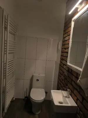 a bathroom with a white toilet and a sink at Studio3 in Utena