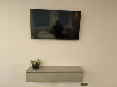 a television on a wall with a vase of flowers at Studio3 in Utena