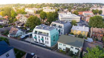 an aerial view of a city with buildings at Sodų Vilos in Kaunas