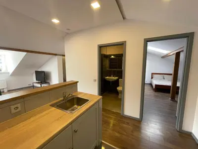 a kitchen with a sink and a living room at newTown 1 in Kaunas