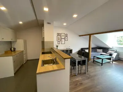 a kitchen and living room with a sink and a table at newTown 1 in Kaunas