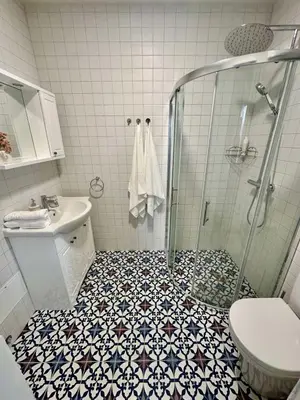 a bathroom with a shower and a toilet and a sink at Jaukus Aleksoto butas Kaune su atskiru įėjimu, šalia Senamiesčio in Kaunas