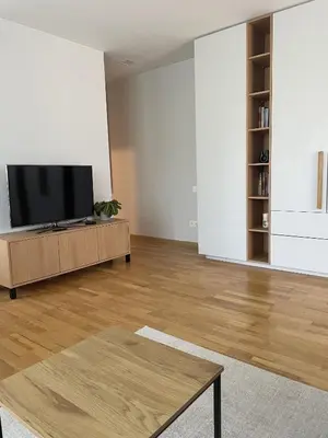 a living room with a flat screen tv on a cabinet at Šiaulių centre modernus butas 1-4 žmonėms in Šiauliai