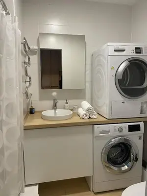 a bathroom with a washing machine and a sink at Šiaulių centre modernus butas 1-4 žmonėms in Šiauliai