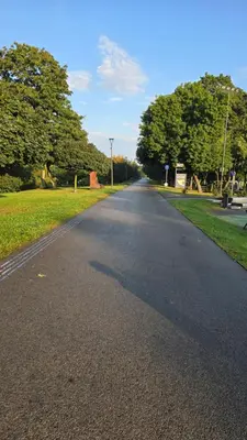 an empty road in a park with trees at Santakos apartmentai in Kaunas