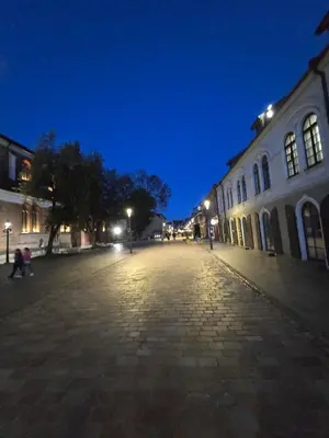an empty street at night with buildings and lights at Santakos apartmentai in Kaunas