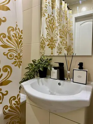 a bathroom with a sink and a mirror at Cozy Šmozy Apartamentai in Šiauliai