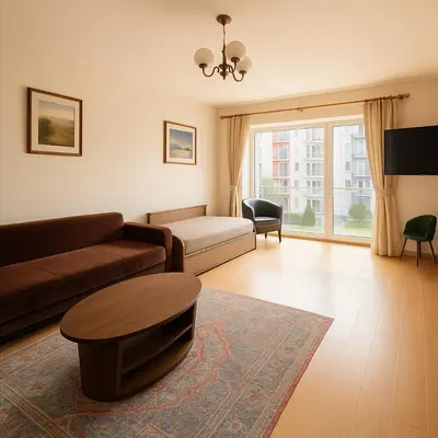 a living room with a couch and a table at Home in Santariskes in Vilnius