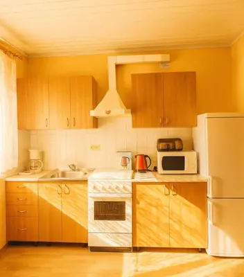 a kitchen with a white refrigerator and a microwave at Home in Santariskes in Vilnius