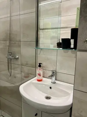 a bathroom sink with a bottle of soap on it at DvaroStudio jaukus butas centre self-check-in in Šiauliai