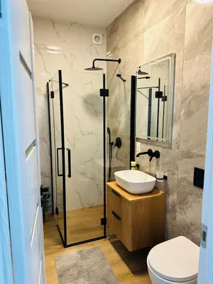 a bathroom with a sink and a shower and a toilet at Stylish Apartment 5 min from Kaunas Clinics in Kaunas