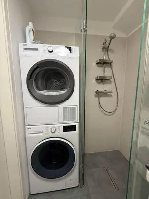a washer and dryer in a bathroom with a shower at Domillion 2bdr new apt on Pilies st in Vilnius