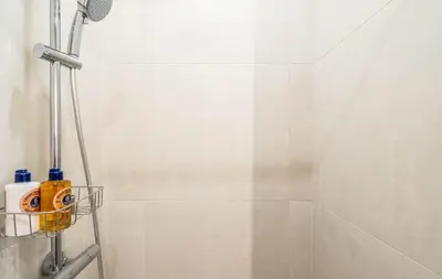 a bathroom with a shower with a soap dispenser at Domillion New Duplex 12ppl balconies free park N2A in Vilnius