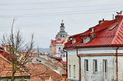 a view of roofs of buildings with a cathedral in the background at Domillion New Duplex 12ppl balconies free park N2A in Vilnius
