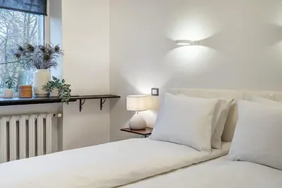a white bed with white pillows and a window at Domillion 1bdr Dominikonu str apt Do333 in Vilnius