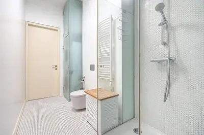 a bathroom with a shower and a toilet with a glass door at Domillion 2bdr Bright&Central apt PA227 in Vilnius