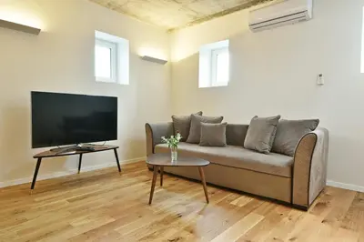 a living room with a couch and a tv at Domillion Penthouse Duplex w Terrace 18 ppl P36T in Vilnius