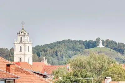 a building with a clock tower in a town with roofs at Domillion Penthouse Duplex w Terrace 18 ppl P36T in Vilnius