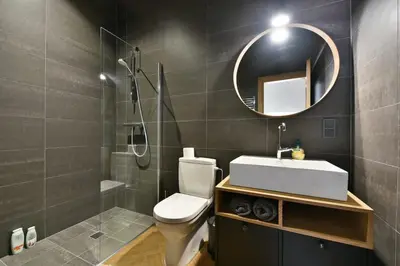 a bathroom with a toilet and a sink and a shower at Domillion New Modern Old town apt 16 ppl U2C1 in Vilnius