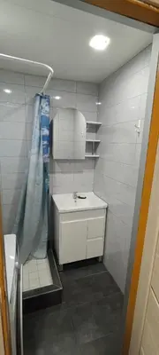 a small bathroom with a sink and a shower at Kosmonautų gatve in Panevėžys