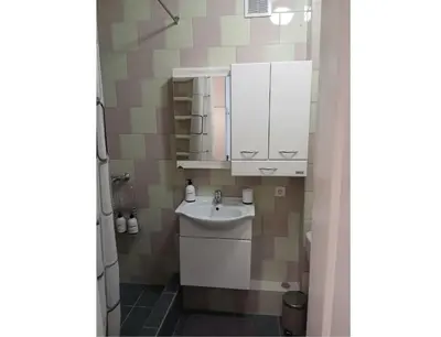a bathroom with a sink and a mirror at Alytus Studio 45 in Alytus