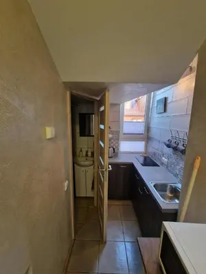 a small kitchen with a sink and a counter top at Vilmos studija in Šiauliai