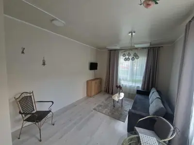 a living room with a couch and a chair at Vilmos studija in Šiauliai