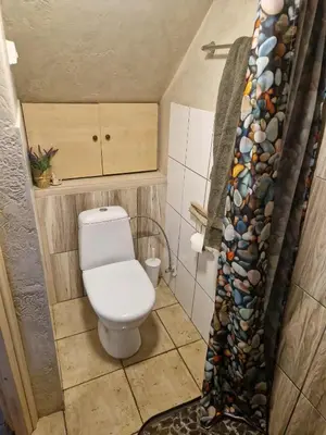 a bathroom with a toilet in a small room at Vilmos studija in Šiauliai