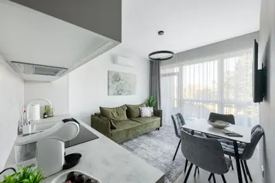 a kitchen and living room with a couch and a table at Vilnius Central Modern Apartments Vepriai Street in Vilnius
