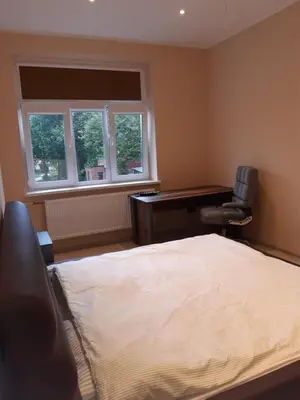 a bedroom with a bed and a desk and a chair at Vytauto Apartamentai in Biržai