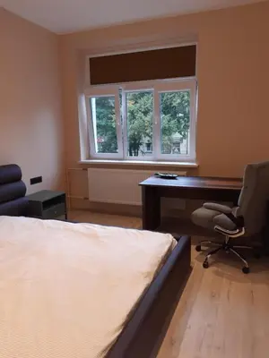 a bedroom with a desk and a bed and a chair at Vytauto Apartamentai in Biržai