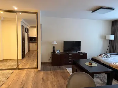a living room with a bed and a television at Projektuotojų Apartamentai in Panevėžys