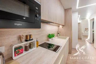 a kitchen with a sink and a counter top at SarkuGuzta Cozy Apartment in Kaunas