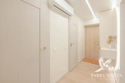 a hallway with white walls and a sliding door at SarkuGuzta Cozy Apartment in Kaunas