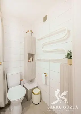 a bathroom with a toilet and a glass wall at SarkuGuzta Cozy Apartment in Kaunas