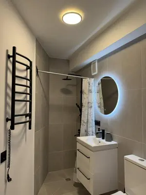 a bathroom with a shower and a sink and a mirror at Cozy Apartment Near Forest in Kaunas
