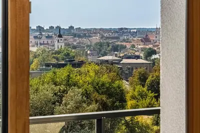 a view from a window of a city at Modern city center apartment in Vilnius