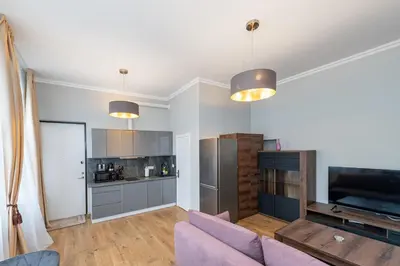 a living room with a couch and a tv at Elegant city center apartment with free parking by Polo Aparments in Kaunas