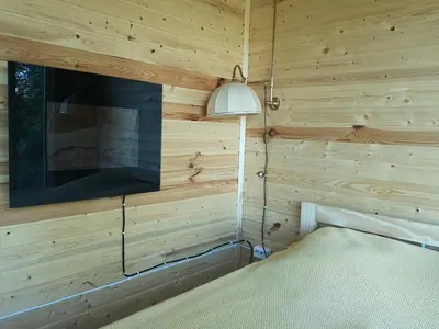 a bedroom with a wooden wall with a tv and a bed at Sodyba Brazylija in Taraldžiai