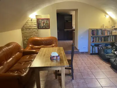 a living room with a leather couch and a table at The cave in Vilnius