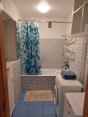a bathroom with a shower curtain and a washing machine at Two-Bedroom Flat Close to Downtown in Kaunas