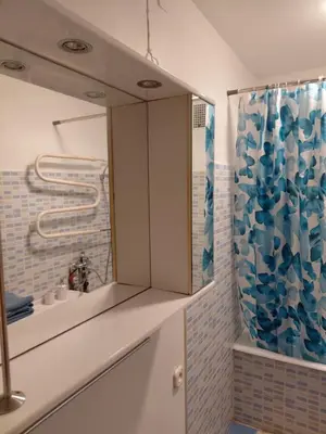 a bathroom with a mirror and a blue shower curtain at Two-Bedroom Flat Close to Downtown in Kaunas