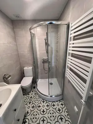a bathroom with a shower and a toilet and a sink at Arklių Pašto Stotis in Staškūniškis